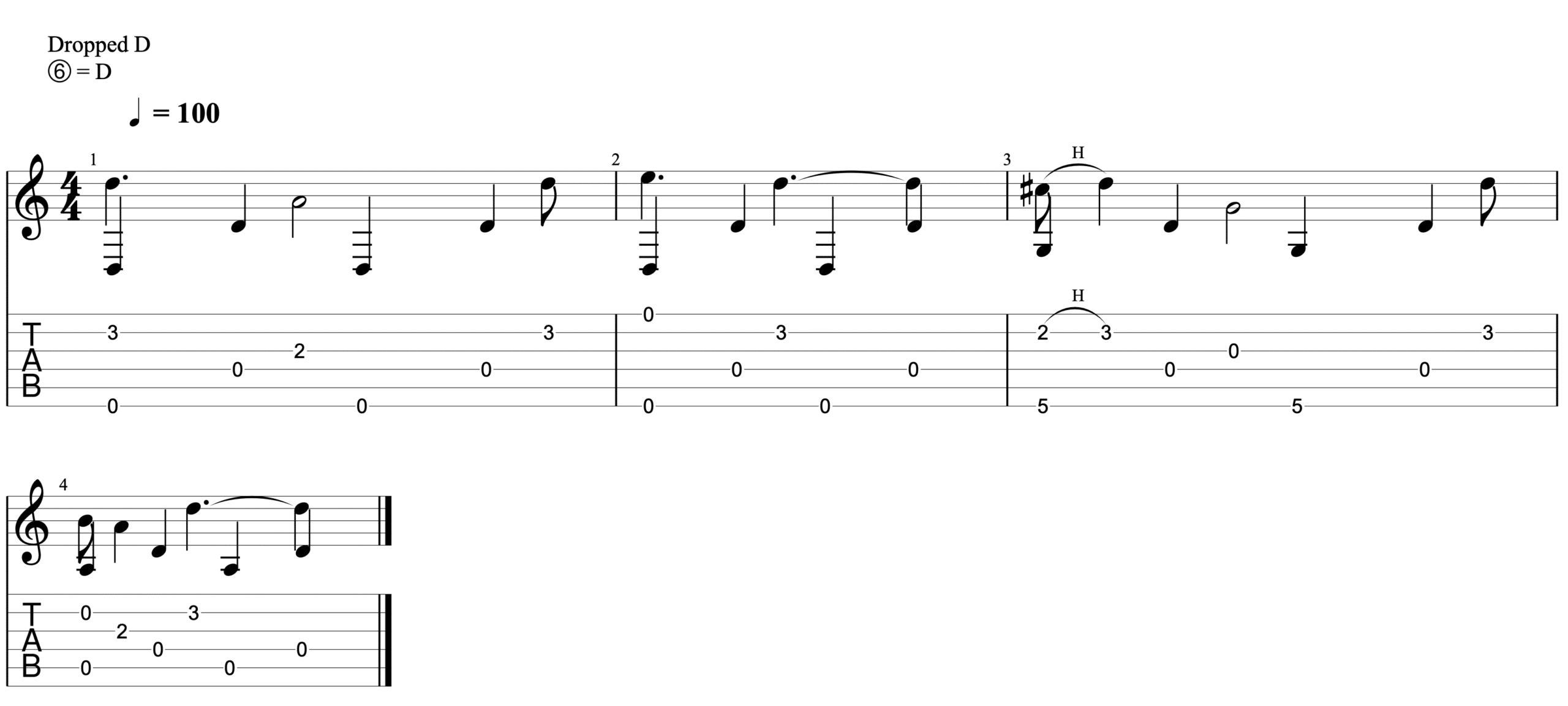 Drop D Tuning exercise 6 – full musical phrase with hammer-on and alternating bass over 3 chords in drop D tuning