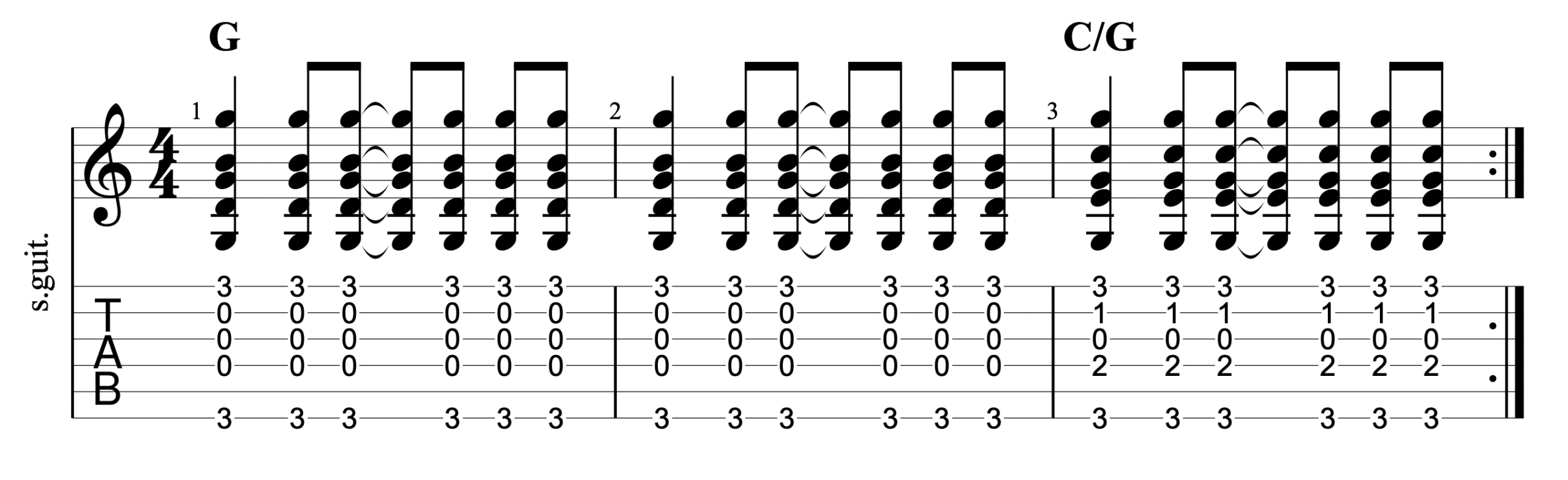 Guitar fingerpicking chords - example 3 - C/G strumming pattern